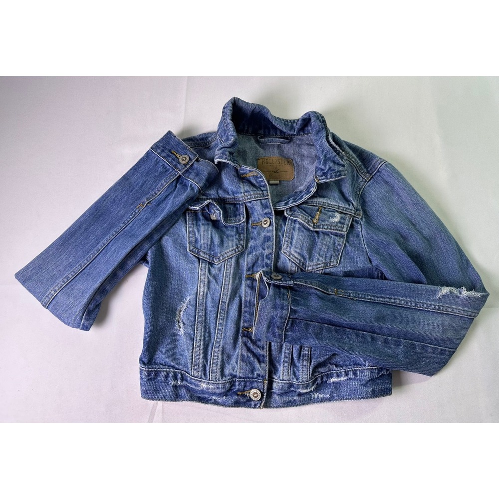 Hollister California Denim Jacket Blue Distressed Trucker Jean Coat Womens Sz S
